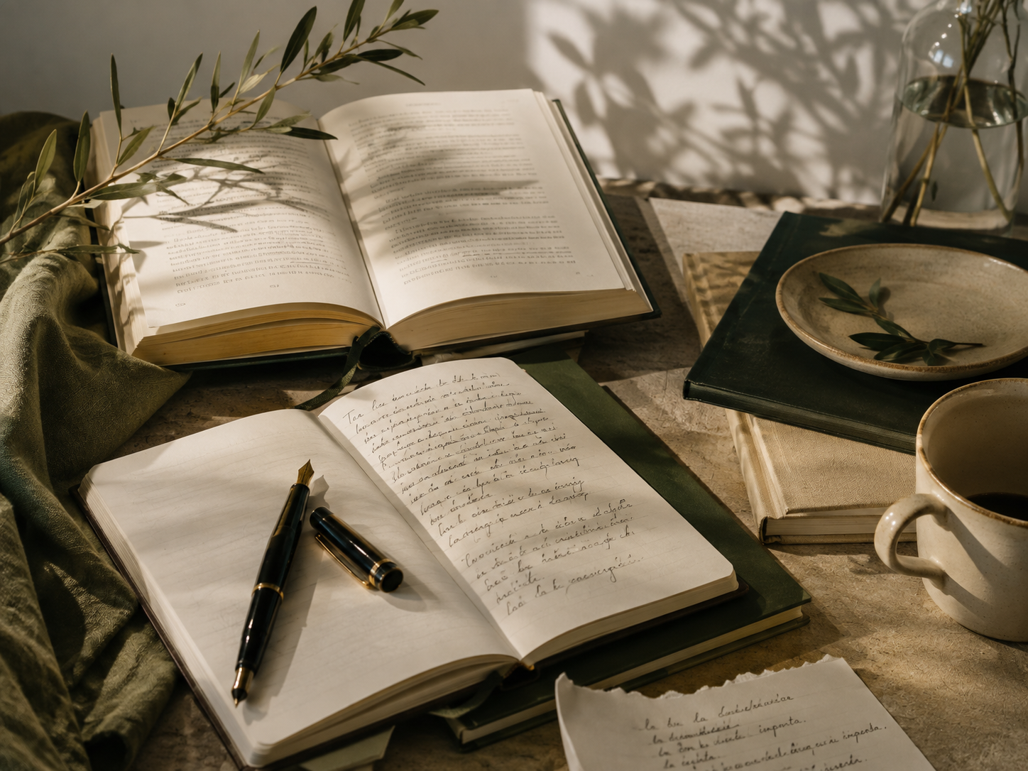 Composición editorial con libros abiertos, un cuaderno manuscrito y una pluma